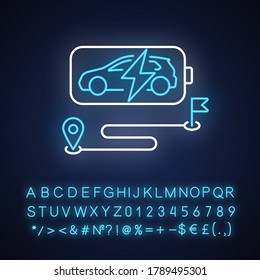 Battery Range Neon Light Icon. Outer Glowing Effect. Electric Vehicle Max Travel Distance Sign With Alphabet, Numbers And Symbols. Electric Motor Capacity. Vector Isolated RGB Color Illustration