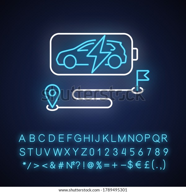 Battery range neon light icon. Outer glowing\
effect. Electric vehicle max travel distance sign with alphabet,\
numbers and symbols. Electric motor capacity. Vector isolated RGB\
color illustration