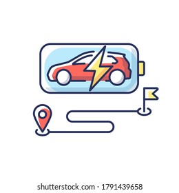 Battery Range RGB Color Icon. Electric Vehicle Max Travel Distance. Electric Motor Capacity And Power Potential. Modern EV And Route Isolated Vector Illustration