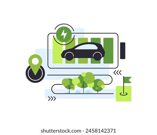 Gama de baterías, distancia máxima de viaje del vehículo eléctrico, EV moderno y ruta