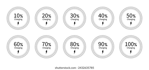 Battery recharge icon set with 10% 20% 30% 50% 70% 90% and 100% percent charge indicator in circle with black and white color vector flat illustration. Battery indicator circle - Vector Icon
