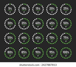 Battery recharge icon set with 5% 10% 20% 50% 70% 90% and 100% percent charge indicator in circle with green color vector flat illustration on black background. Battery indicator circle - Vector Icon