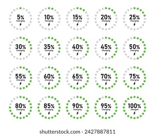 Battery recharge icon set with percentage charge indicator zero to full in circle in green color vector flat illustration. Battery indicator circle - Vector Icon