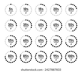 Battery recharge icon set with percentage charge indicator zero to full in circle black and white color vector flat illustration. Battery indicator circle - Vector Icon