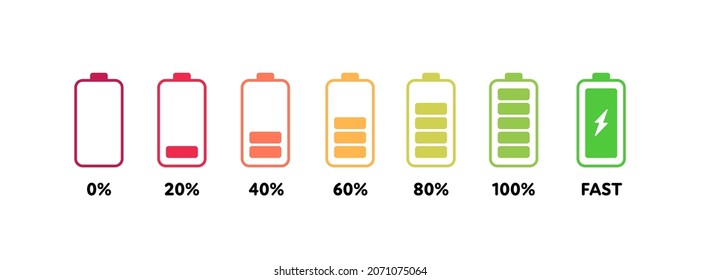 Battery Recharge Icon Set. Vector Flat Illustration. Red To Yellow And Green Color Icons Isolated On White Background. Percentage Charge Indicator Numbers. Full Load Energy Accumulator Symbol.