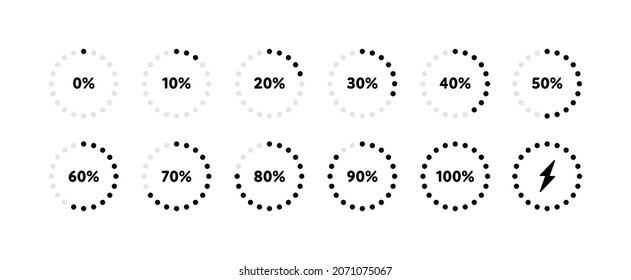 Battery recharge icon set. Vector flat illustration. Black color icons isolated on white background. Percentage charge indicator number in circle frame.