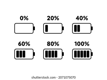 Battery recharge icon set. Vector flat illustration. Black color icons isolated on white background. Percentage charge indicator number with power cylinder symbol. Horizontal view.