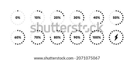 Battery recharge icon set. Vector flat illustration. Black color icons isolated on white background. Percentage charge indicator number in circle frame.