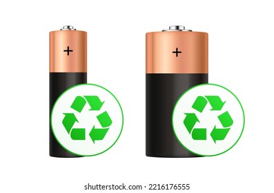 Señal vectorial 3d de reciclado de batería aislada en fondo blanco. Ilustración realista de la batería de energía utilizada en negro y marrón vertical. Logo de clasificación de basura. Símbolo de ecología mundial. Signo de reutilización del producto