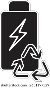 Battery with recycle arrows icon representing eco battery recycling and sustainable energy use with transparent background