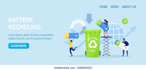 Reciclaje de batería. La gente pone pilas en los basureros, contenedores para el reciclaje y la separación de la basura, practica la clasificación de los desechos. Conservación ecológica del medio ambiente. Eliminación de basura, medio ambiente limpio