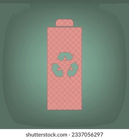 Battery recycle sign illustration. Apricot Icon with Brick Red parquet floor graphic pattern on a Ebony background. Feldgrau. Green. Illustration.