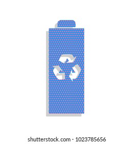 Battery recycle sign illustration. Vector. Neon blue icon with cyclamen polka dots pattern with light gray shadow on white background. Isolated.