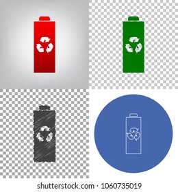 Battery recycle sign illustration. Vector. 4 styles. Red gradient in radial lighted background, green flat and gray scribble icons on transparent and linear one in blue circle.