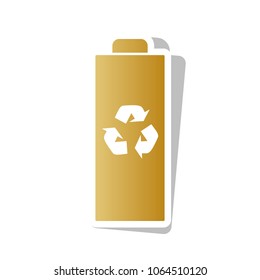 Battery recycle sign illustration. Vector. Golden gradient icon with white contour and rotated gray shadow at white background.