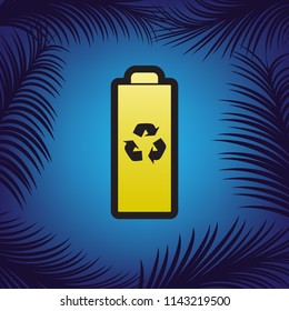 Battery recycle sign illustration. Vector. Golden icon with black contour at blue background with branches of palm trees.
