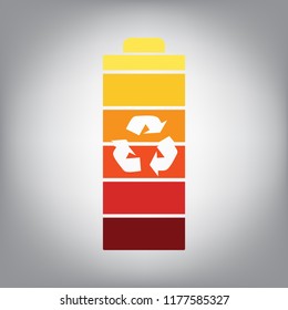 Battery recycle sign illustration. Vector. Horizontally sliced icon with colors from sunny gradient in gray background.