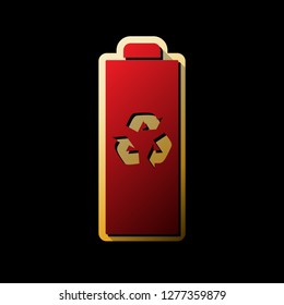 Battery recycle sign illustration. Vector. Red icon with small black and limitless shadows at golden sticker on black background.