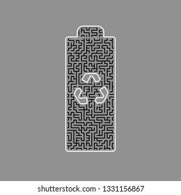 Battery recycle sign illustration. Vector. Black maze filled icon with white border at gray background.