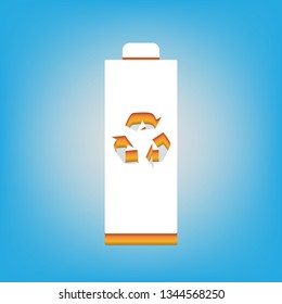 Battery recycle sign illustration. Vector. White icon with 3d warm-colored gradient body at sky blue background.