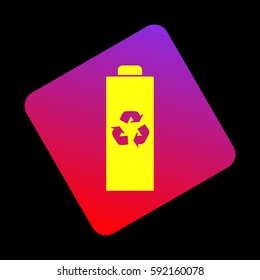 Battery recycle sign illustration. Vector. Yellow icon at violet-red gradient square with rounded corners rotated for dynamics on black background.