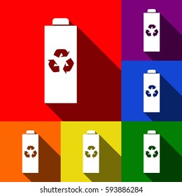 Battery recycle sign illustration. Vector. Set of icons with flat shadows at red, orange, yellow, green, blue and violet background.