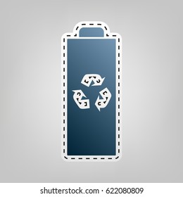 Battery recycle sign illustration. Vector. Blue icon with outline for cutting out at gray background.