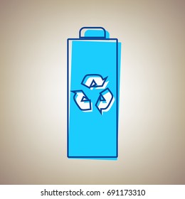 Battery recycle sign illustration. Vector. Sky blue icon with blue contour on beige background.