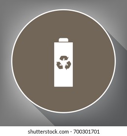 Battery recycle sign illustration. Vector. White icon on brown circle with white contour and long shadow at gray background. Like top view on postament.