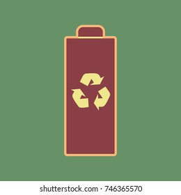 Battery recycle sign illustration. Vector. Cordovan icon and mellow apricot halo with light khaki filled space at russian green background.