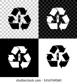 Battery with recycle symbol icon isolated on black, white and transparent background. Battery with recycling symbol - renewable energy concept. Vector Illustration