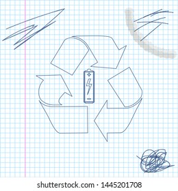 Battery with recycle symbol line sketch icon isolated on white background. Battery with recycling symbol - renewable energy concept. Vector Illustration