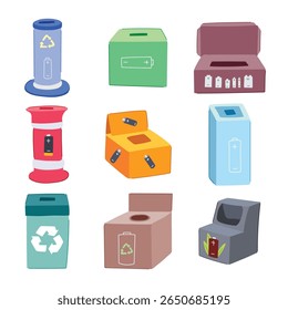 battery recycling box set cartoon. disposal collection, reuse reduce, recover materials battery recycling box sign. isolated symbol vector illustration
