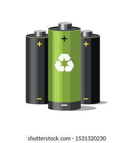 Battery recycling concept. Batteries with recycle symbol on white. Vector Illustration