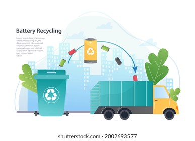 Battery recycling concept. A truck with energy waste takes batteries from the sorting tank. Reuse and recycling of energy. Flat vector illustration with information isolated on a white background