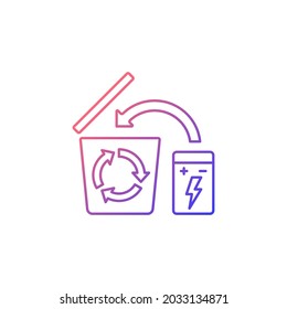 Battery recycling gradient linear vector manual label icon. Charger disposal. Thin line color symbol. Modern style pictogram. Vector isolated outline drawing for product use instructions