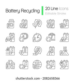 Battery recycling linear icons set. Discharged accumulator reuse. Electronic waste recovery. Customizable thin line contour symbols. Isolated vector outline illustrations. Editable stroke