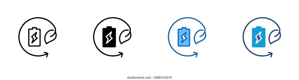 Battery Recycling Multiple Style Icon Design Vector - battery with a lightning icon inside a circular arrow and leaf, symbolizing green energy storage and recycling