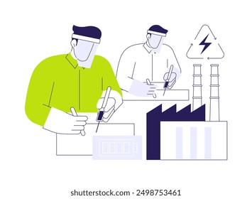 Battery recycling plant abstract concept vector illustration. Factory workers deals with eco-friendly batteries recycling, ecology environment, sustainable alternative energy abstract metaphor.
