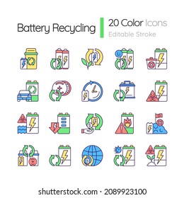 Battery recycling RGB color icons set. Discharged accumulator reuse. Electronic waste processing. Ecological activity. Isolated vector illustrations. Simple filled line drawings collection