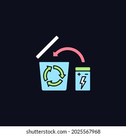Battery recycling RGB color manual label icon for dark theme. Charger disposal. Isolated vector illustration on night mode background. Simple filled line drawing on black for product use instructions