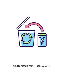Battery recycling RGB color manual label icon. Phone charger disposal. Hazardous electronic waste. Isolated vector illustration. Simple filled line drawing for product use instructions
