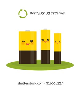 battery Recycling, set of three batteries smiling and winking eye. Vector