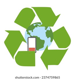 Battery recycling vector icon. Recycle symbol, saving planet concept. Flat cartoon illustration isolated on white. Green arrows, Ecology and environment care.	
