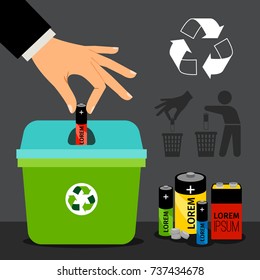 Battery Recycling Vector Illustration. Man Hand Putting A Battery In Recycle Container