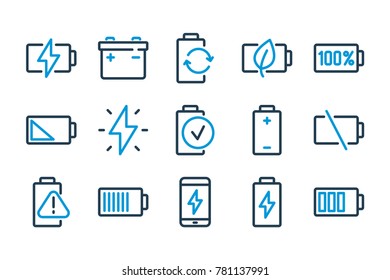 Battery related line icons. Accumulator vector icon set.