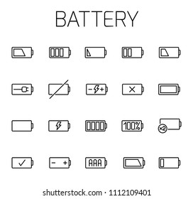 Battery related vector icon set. Well-crafted sign in thin line style with editable stroke. Vector symbols isolated on a white background. Simple pictograms.