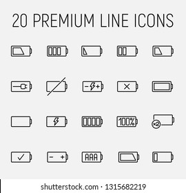 Battery related vector icon set. Well-crafted sign in thin line style with editable stroke. Vector symbols isolated on a white background. Simple pictograms. 