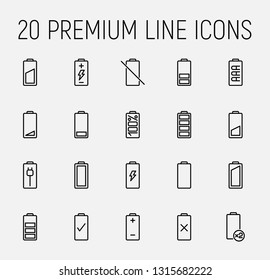 Battery related vector icon set. Well-crafted sign in thin line style with editable stroke. Vector symbols isolated on a white background. Simple pictograms.