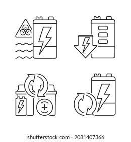 Battery reuse linear icons set. Prevent environment contamination. Electronic waste recycling station. Customizable thin line contour symbols. Isolated vector outline illustrations. Editable stroke